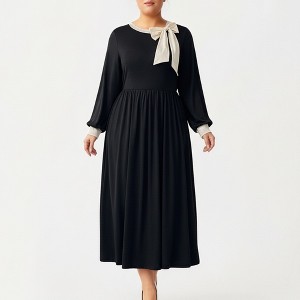 Anna-Kaci Women's Plus Size Long Sleeve Midi Dress with Bow Neck Detail, Gathered Waist, and Flowy Skirt, Black / Plus-4X-20W-22W