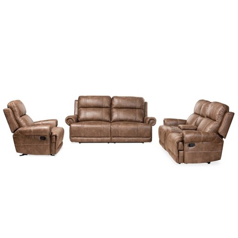 3pc Buckley Faux Leather Reclining, Light Brown Leather Recliner Couch