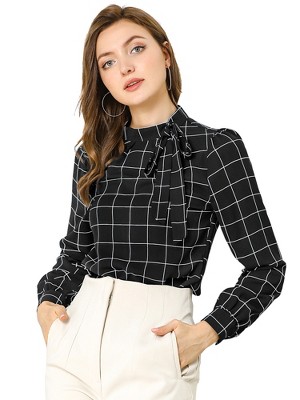 INSPIRE CHIC Women's Bow Tie Neck Keyhole Back Grid Checks Office Work Blouses