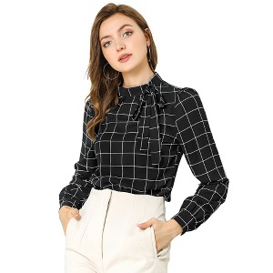 INSPIRE CHIC Women's Bow Tie Neck Keyhole Back Grid Checks Office Work Blouses - 1 of 4