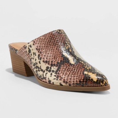 snake print heeled mules