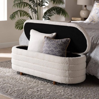 Betiana Cream Boucle Fabric and Walnut Wood Storage Bench