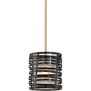 Possini Euro Design Warm Brass Mini Pendant 9 1/2" Wide Industrial Black Metal Outer Organza Inner Shade for Dining Room House Foyer Kitchen Island