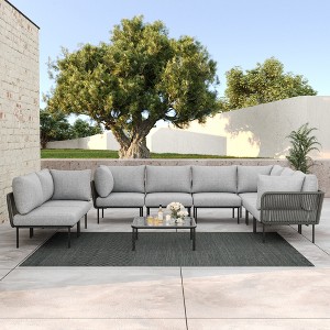 LayinSun 9 Pieces Rope Woven Patio Furniture Set, Modern Modular Sectional Sofa with Coffee Table and Upgrade Thickness Cushion - 1 of 4