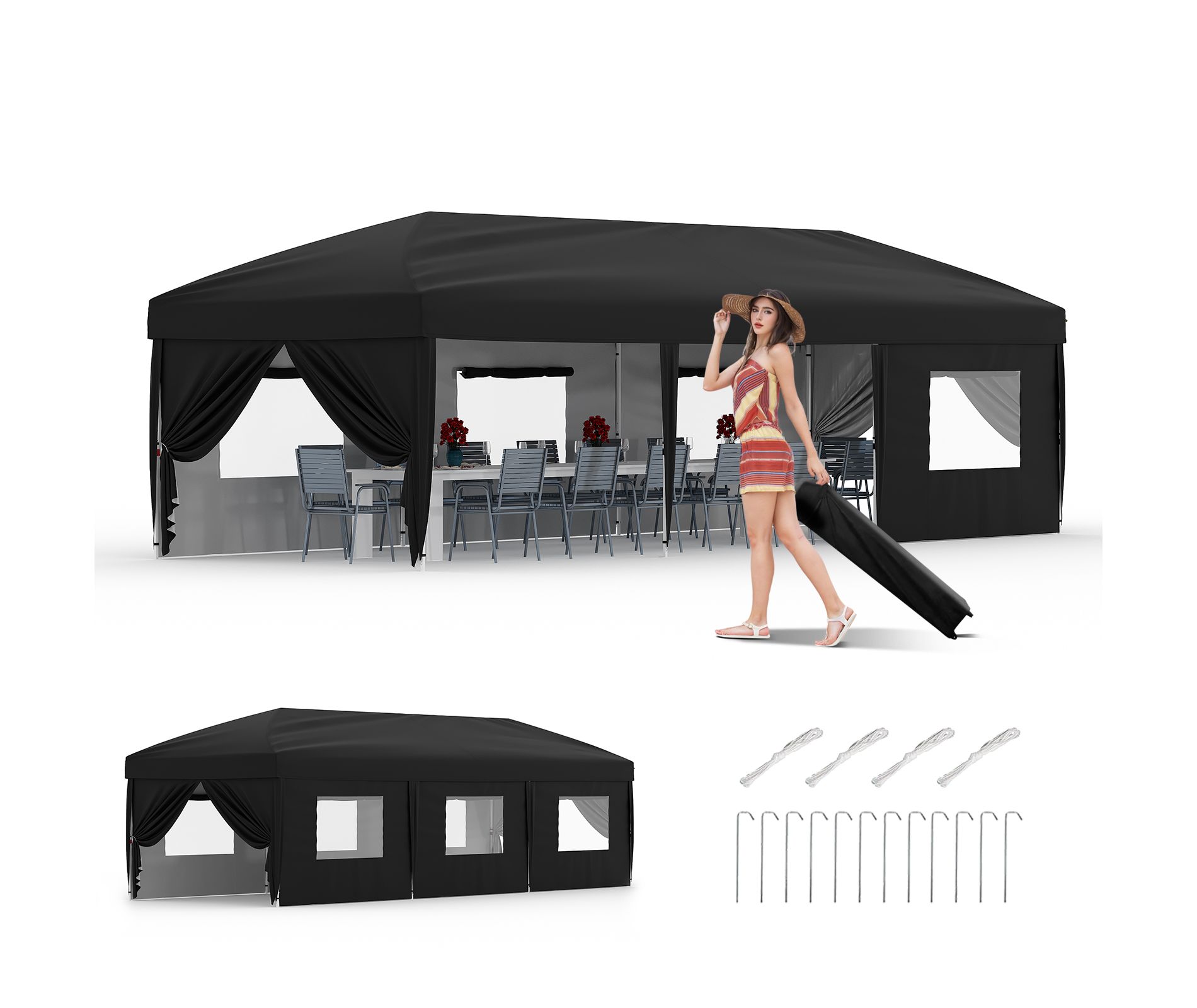 10x30 Heavy Duty Pop Up Canopy w/8 Sidewalls, Roller Bag & Full Kit (Anchors, Ropes, Stakes) - 3 Height Adjustable