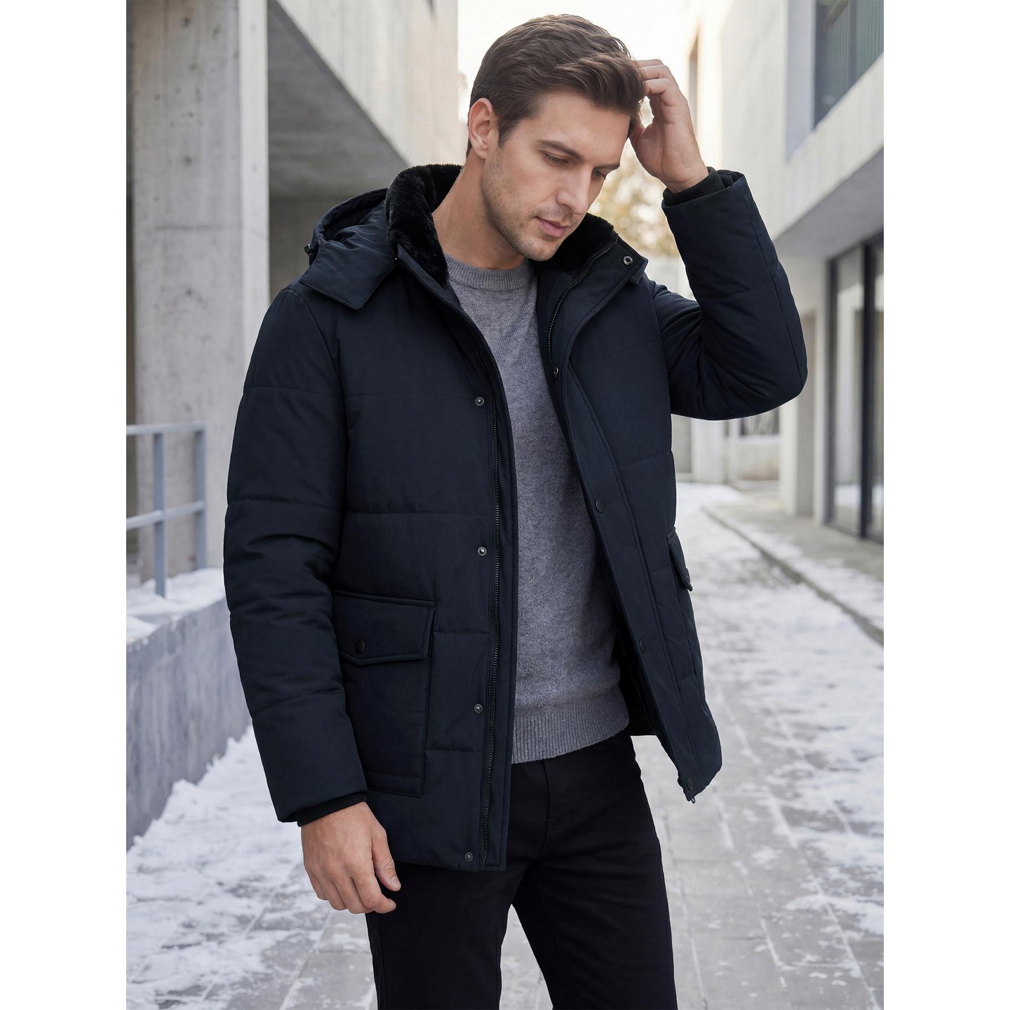 Мужская куртка INSPIRE CHIC Winter Long Sleeve Zip Outerwear Hooded Winter Jacket Coat Medium Navy Blue, цвет: Тёмно-синий — фото 2