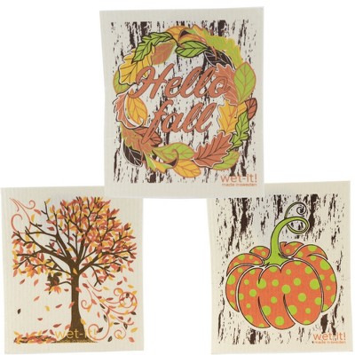 Swedish Dish Cloth 7.75" Hello Fall Assortment Autumn Leaves Pumpkin  -  Dish Cloth