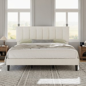 VECELO Upholstered Bed Frame with Adjustable Headboard, Heavy-Duty Platform Bed with Strong Wood Slat Support, No Box Spring Needed - 1 of 4