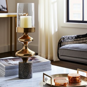 Metal Pillar Candle Holder with Glass Hurricane - Glam Style Candle Stand - Marble Base for Home, Office, Living Room & Bedroom - 1 of 4