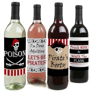 Big Dot of Happiness Beware of Pirates - Pirate Birthday Party Party Decorations for Women and Men - Wine Bottle Label Stickers - Set of 4