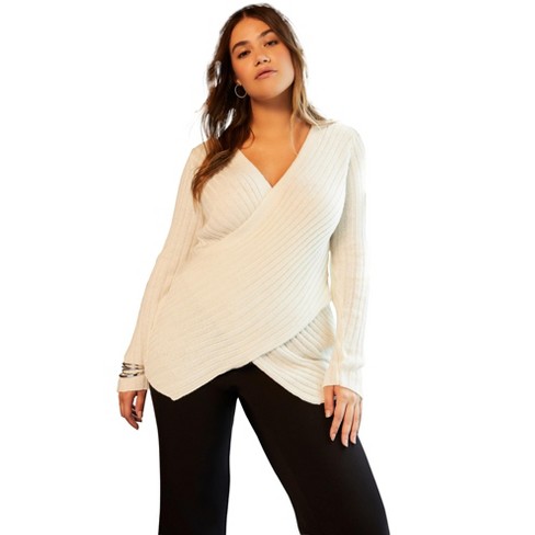 June Vie by Roaman s Women s Plus Size Crossover Sweater 10 12 Beige