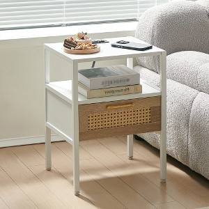 Rattan Nightstand, 15.75" Rattan End Table, Rattan Wood End Side Accent Table Nightstand w/Charging Station, Cane End Table w/Drawer&Solid Wood Legs W - 1 of 4
