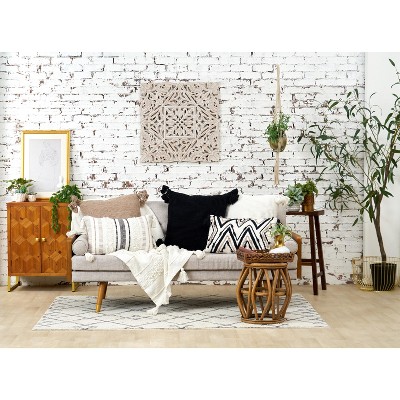 Beige Cotton Blend Textured Throw Pillow with Tassels