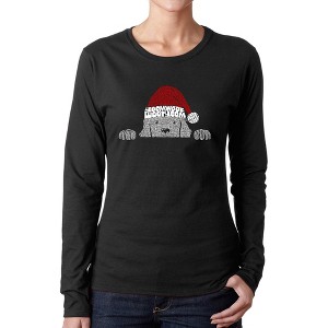 LA Pop Art Christmas Peeking Dog - Women's Word Art Long Sleeve T-Shirt - 1 of 4