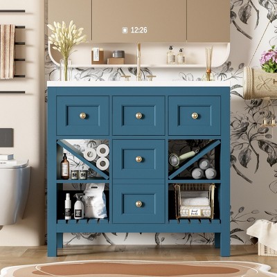 NicBex Bathroom Vanity without Sink/with Sink,Bathroom Sink Vanity with 5 Drawers and Soft Closing Doors,36 inch Bathroom Sink Cabinet,Blue/Black