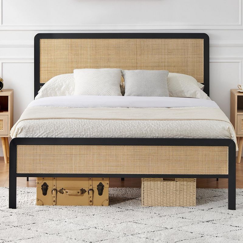 Full Queen Size Bed Frame with Rattan Headboard and Footboard, Platform Bed Frame with Strong Metal Slats Support, Mattress Foundation, White Oak, 3 of 9
