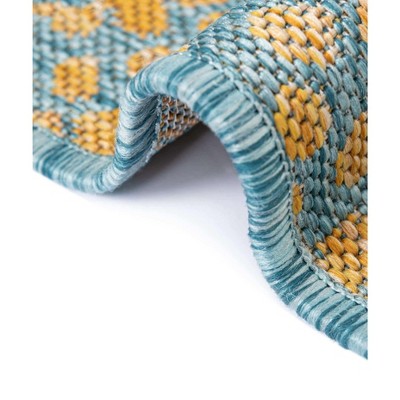 Round Blue and Yellow Stain-Resistant Outdoor Rug