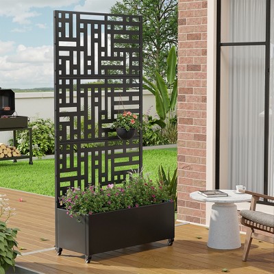 Wooakway 72"H Metal Planter Box with Trellis Raised Garden Bed with Arbor Privacy Screen with Wheels