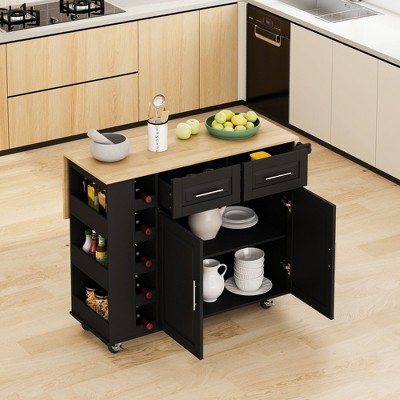 Multi-Functional Kitchen Island Cart with 2 Door Cabinet and Two Drawers (Black)