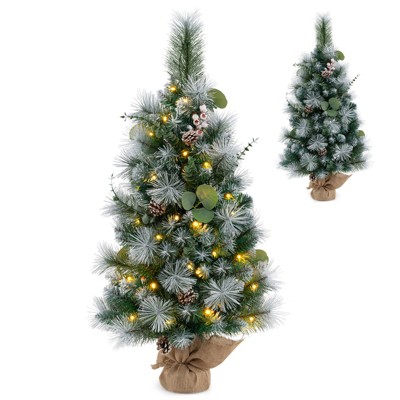 Tangkula 3 FT Artificial Entrance Christmas Tree Potted Seasonal Decoration Tree w/ 98 Snowy PVC Leaves & Snow-flocked Needles 1pc/2pcs