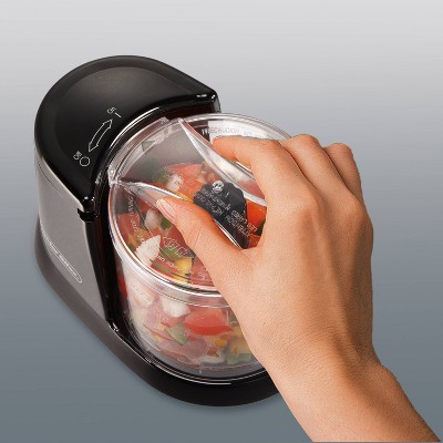 The stainless steel blades of this little machine efficiently cut through all kinds of ingredients, from carrots, onions and garlic, to nuts for your favorite dessert. It is perfect for those looking for an efficient vegetable chopper that does much more. The food chopper is small enough to leave out on the countertop or easily stow in the cabinet, which saves space in the kitchen. Additionally, the bowl, lid, and removable blades are all dishwasher safe, making it easy to clean. 