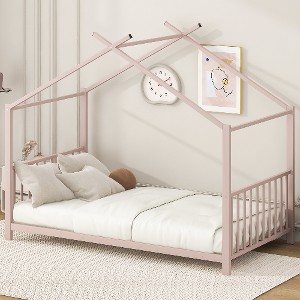 Lyngins Twin Size Bed Frame, Metal House Platform Bed Frame, No Box Spring Needed, Kids Bed Frame for Bedroom, Kids Floor Bed Frame, Toddler Bed - 1 of 4