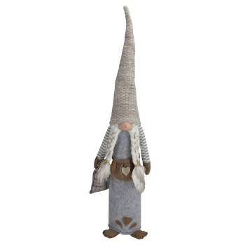 Northlight 27" Gray and Beige Girl Christmas Gnome with Plaid Toy Sack Figure