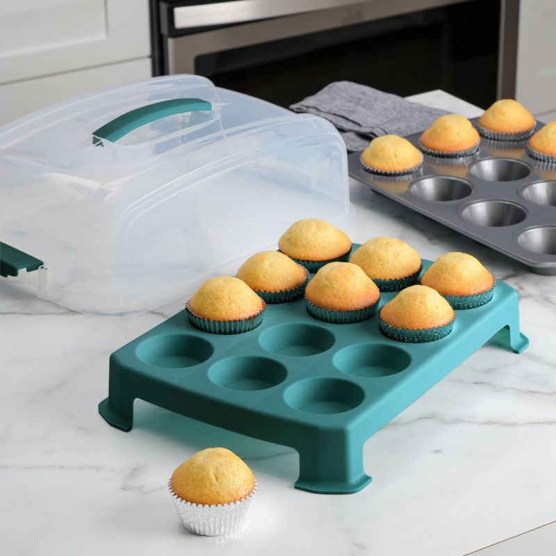Spice By Tia Mowry 24 Cup Carbon Steel Muffin Pan With Carrier in Teal, 2 of 6
