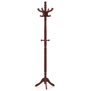Tangkula Freestanding Coat Rack Solid Rubber Wood Hall Tree with 11 Hooks and 3 Height Options for Coats - 1 of 4
