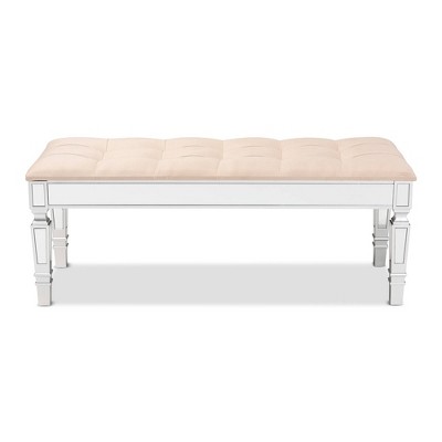 Hedia Silver Finish Mirrored Glass & Beige Velvet Accent Bench