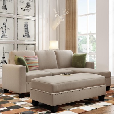 Reversible L-Shaped Sectional Sofa with Storage Ottoman: Chaise Lounge, Nailhead Textured Fabric - 3-Piece Sofa Set for Versatile Living Spaces