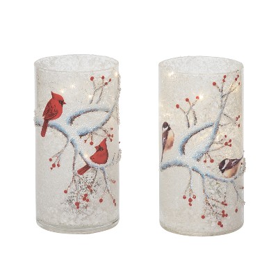 Transpac Glass Light Up Winter Bird Vase Set of 2 Colorful Christmas Home Decorations Prelit Indoor Tabletop Gifts