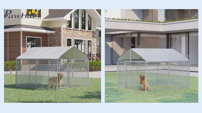 PawHut Outdoor Metal Dog Kennel, Pet Playpen with Steel Lock, Mesh Sidewalls and Cover for Backyard & Patio, 2 of 9, play video