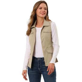 Allegra K Women's Zip-Up Sleeveless Turn Down Collar Cargo Utility Vest with Pockets