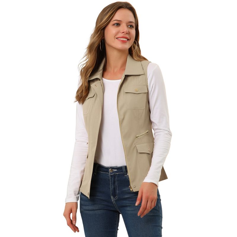 Allegra K Women's Zip-Up Sleeveless Turn Down Collar Cargo Utility Vest with Pockets, 1 of 7