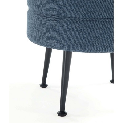 Bailey Blue Round Upholstered Ottoman with Black Stainless Steel Legs