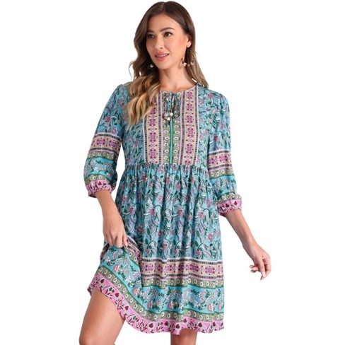 INSPIRE CHIC Women's Boho Floral Summer Tie Neck Loose Babydoll Swing Dress - image 1 of 4