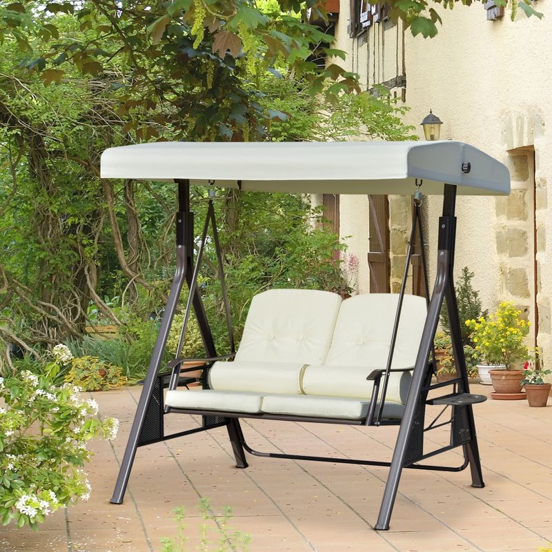 Outsunny 2-Person Patio Swing Chair Outdoor Canopy Swing with Adjustable Shade, Soft Cushions, Throw Pillows and Tray for Garden, Poolside, 3 of 7