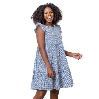 Hope & Henry Womens' Organic Cotton Flutter Sleeve Short Tiered Dress