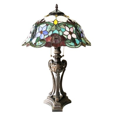 Antique Bronze Tiffany-Style Floral Stained Glass Table Lamp 26"