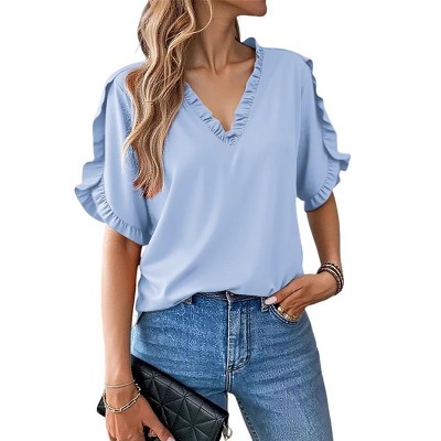 Ruffle Petal Sleeve Blouse V Neck Elbow Sleeve Tee Blouse Summer Casual Tops Ruffle Tunic Blouse