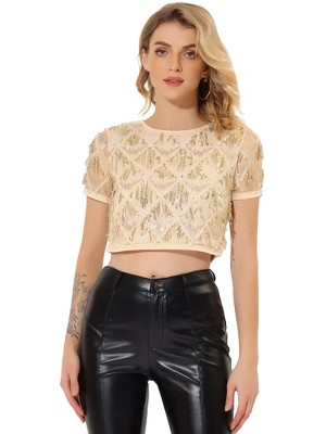 Allegra K Women's Christmas Sequin Shiny Glitter Crop Sheer Short Sleeves Tassel T-Shirt