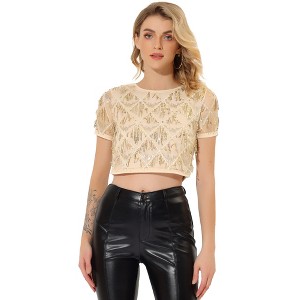 Allegra K Women's Christmas Sequin Shiny Glitter Crop Sheer Short Sleeves Tassel T-Shirt - 1 of 4
