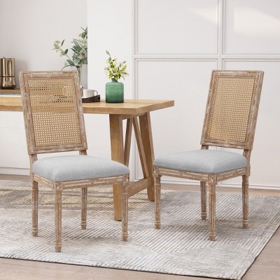 Set Of 2 French Fabric Upholstered Dining Chairs,Rattan Backrest Armless Chair With Rubberwood Frame For Dining Room Or Kitchen-Coolbibila
