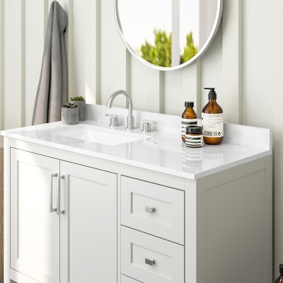 White Freestanding Bathroom Vanity with Carrara Marble Countertop