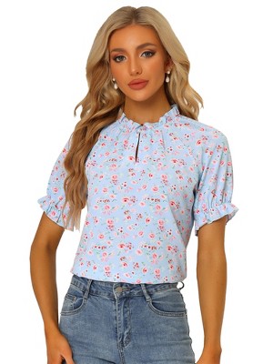 INSPIRE CHIC Women's Ruffled Short Sleeve Floral Mock Neck Summer Top