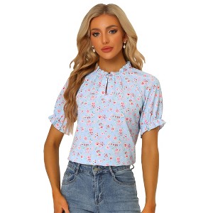 INSPIRE CHIC Women's Ruffled Short Sleeve Floral Mock Neck Summer Top - 1 of 4
