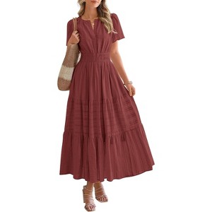 Women's 2025 Summer Casual Midi & Maxi Dress - Lightweight V-Neck Boho Beach Dress with Elastic Waist & Pockets Brown Red - 1 of 4