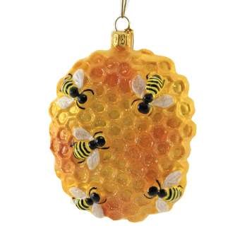 Holiday Ornament Honeycomb W/Bees  -  One Ornament 4.0 Inches -  Sweet  -  2726P  -  Glass  -  Yellow