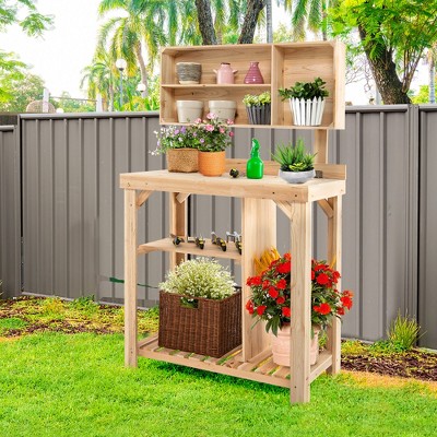 Natural Fir Wood Garden Potting Bench with Storage Shelves